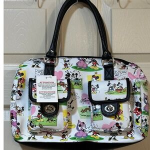 Disney Mickey Minnie Mouse Comic Print Satchel Bag White Black Faux Leather NWT